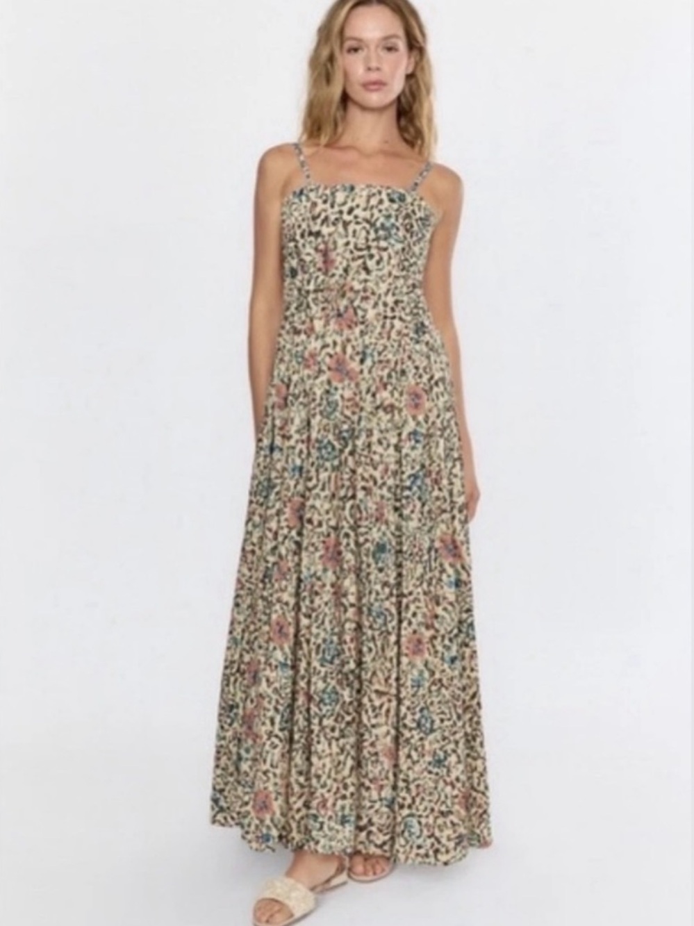 NWT RAGA Deema Tiered Cream Floral Maxi Dress with Pink & Blue Accents Medium
